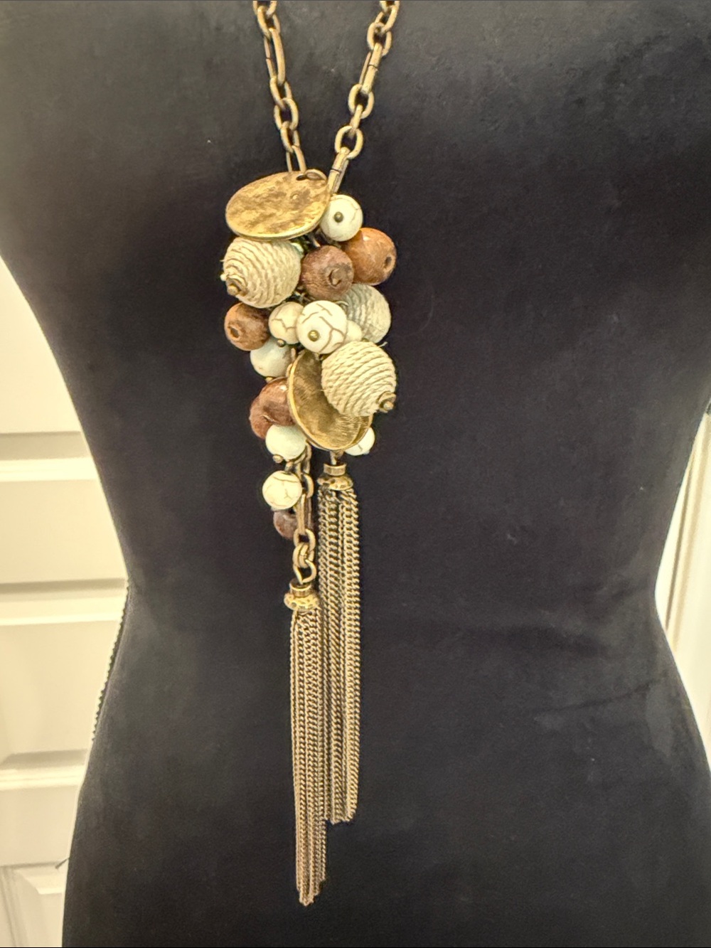Anthropologie Gold-Tone Tassel Pendant Necklace with Cream and Brown Beads